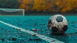 © thenort - Wet soccer ball on a rain-soaked field near goal.