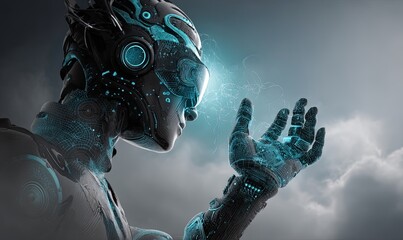 Poster - Futuristic robot examining its glowing hand in a digital landscape