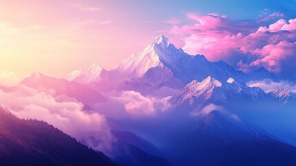 Wall Mural - Majestic Mountain Peaks at Sunset Aerial View Snow Capped Alps Scenery with Pink Clouds and Foggy Valleys