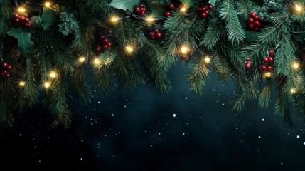 Poster - Festive Christmas garland with pine, holly, berries, and warm fairy lights against a dark, starry background.