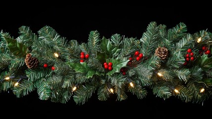 Poster - Illuminated Christmas garland with pine cones, holly berries, and fir branches on black background.