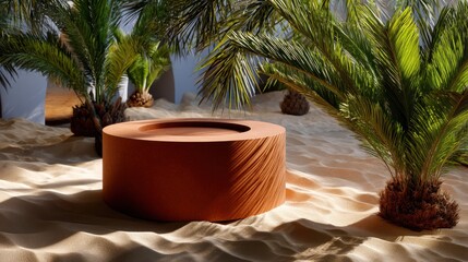 Aufkleber - A small red object is sitting on the sand in front of a palm tree
