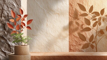 Poster - A potted plant sits on a pedestal in front of a wall with a leafy pattern