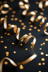 Poster - Golden Confetti and Ribbon on Black Background Celebration Close-Up Festive Party Decoration New Year's Eve Birthday Anniversary