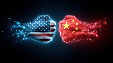 Poster - Trade deal concept with digital fists representing two countries in competitive stance glowing in blue and red light on dark background