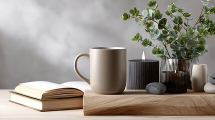 Aufkleber - A mug of coffee sits on a wooden table next to a book and a candle