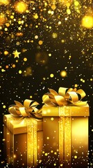 Poster - Golden Gift Boxes with Ribbon Bows and Bokeh Lights on Black Background Festive Celebration Still Life