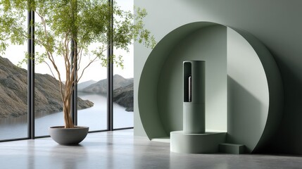 Poster - A green room with a large tree in the center