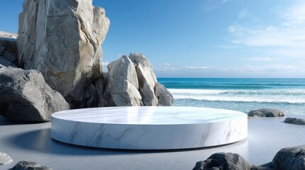Poster - A large white marble sculpture sits on a beach near the ocean