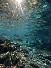 Fototapete - Clear Water Reveals Fish Swimming Under Shimmering Light Reflections Near Rocky Bottom