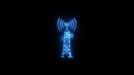Poster - Neon telecommunication tower silhouette emitting signal waves.Animated neon silhouette of a telecommunication tower radiating signals on black background illustrating network communication