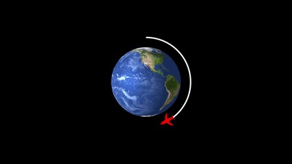 Poster - Animated flight path of a red airplane circling Earth.Animated flight path of red airplane circling planet earth across a deep black background representing travel and global connectivity