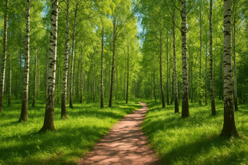  Peaceful dirt path winds through bright green birch forest with tall slender trees and fresh grass under clear blue sky, evoking calm and natural beauty