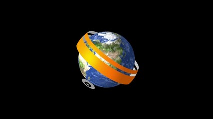 Poster - 3D Earth globe animation with orange and white geometric patterns.Animated 3d earth globe surrounded by orange and white geometric design on a black background global concept