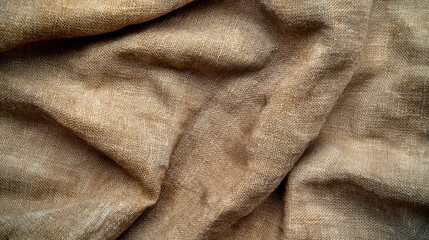 Poster - Abstract close up of wrinkled tan burlap fabric with woven texture overhead shot studio setting