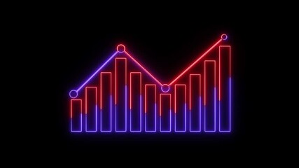 Poster - Neon animated data chart with bars and line graph.Animated neon light bar chart with line graph on black background represents business growth and financial progress.