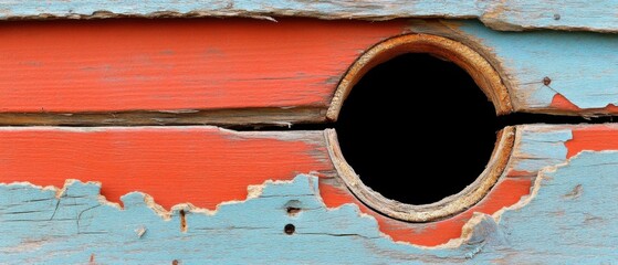 Poster - Weathered Wooden Wall with Circular Hole and Peeling Paint Close Up Abstract Texture