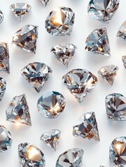 Poster - Scattered diamonds on white background, close up, overhead shot, luxury concept, wealth, investment, high resolution, studio shot