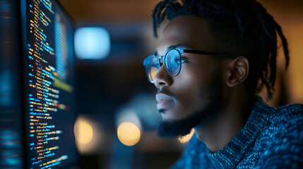 a focused programmer intently reviewing lines of code on a computer screen at night. the blue light 