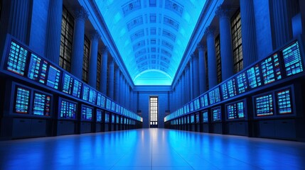 Poster - Futuristic Data Center Interior with Blue Lighting and Modern Technology Architecture