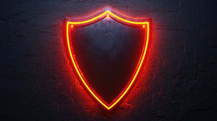 Poster - glowing orange shield icon on a dark, textured background, perfect for websites or blogs about security, protection, safety, or cybersecurity.
