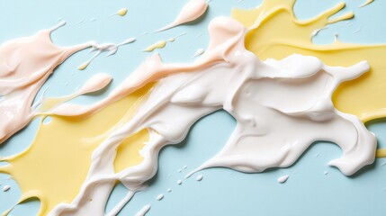 Aufkleber - Pink, Yellow, and White Cosmetic Cream Splatters on a Light Blue Background, Beauty Product Texture