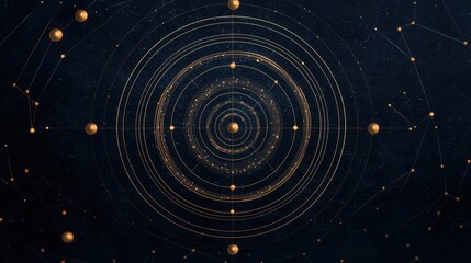 Poster - Abstract cosmic design with concentric circles and golden spheres on a dark background with starry elements