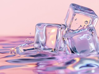 Poster - Ice cubes melting on pink surface close up studio shot; refreshing cold drink ingredient; summer heat relief concept