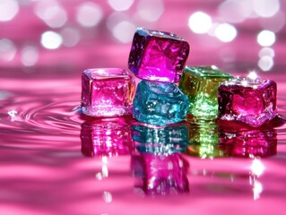 Poster - Close-up of colorful ice cubes melting on a pink reflective surface with bokeh lights in the background studio shot