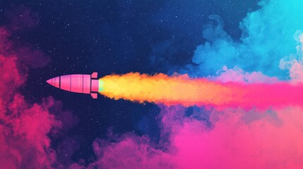 Poster - Vibrant Rocket Launching Into Colorful Cosmic Background with Smoke and Stars