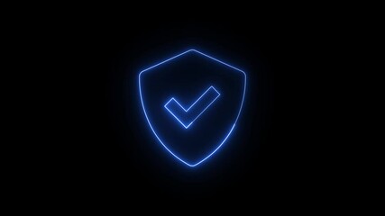 Poster - Glowing neon shield with check mark symbolizing security and verification.Animated neon security shield with check mark symbol against a dark background.