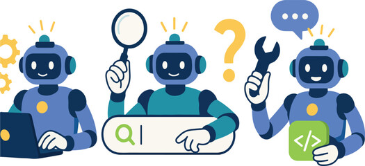 Poster - Search concept set. Collection of characters using artificial intelligence generative tools for searching or browsing internet. SEO concept and illustraction vectorize
