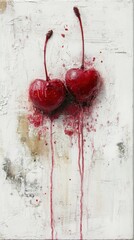 Poster - Two Cherries on Textured White Background Close Up Still Life Food Photography Artful Composition