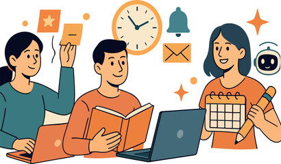 Poster - Schedule set. Characters using artificial intelligence generative tools for time management. Scheduling, task performance, calendar organizing concept. Vector illustration.