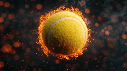 Poster - Vibrant Tennis Ball Surrounded by Flames and Sparks, Captivating Sports Background for Creative Projects