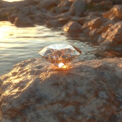 Poster - Diamond treasure gleaming on rock by water's edge at sunset close up shot wealth concept nature background