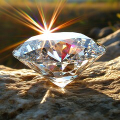 Poster - Sparkling Diamond on Textured Rock Surface with Sunburst Effect Close Up View Gemstone Jewel Stone