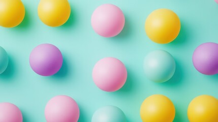 Poster - Pastel Spheres Arranged on Light Blue Background Flat Lay Top Down View Minimalist Style Perfect for Easter and Spring