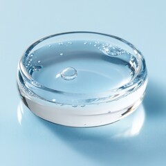 Poster - Close up of clear liquid in glass dish with bubbles on blue background studio shot for science or beauty