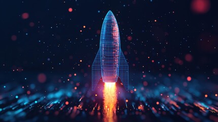 Poster - Futuristic Rocket Launching with Digital Grid Design and Colorful Particle Effects in Space Environment