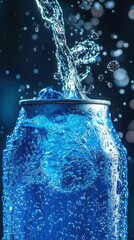 Poster - Refreshing Blue Soda Can with Water Pouring Close Up Studio Shot Beverage Refreshment Drink Coldness