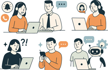 Poster - People with devices set. Female and male characters use smartphone, laptop, and making phone call, surfing the internet, browsing in social media. Business doodle concept