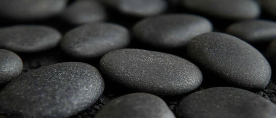 Poster - Close-up of Smooth Black River Stones Arranged on Dark Gravel for a Natural Spa Look Top-Down Angle