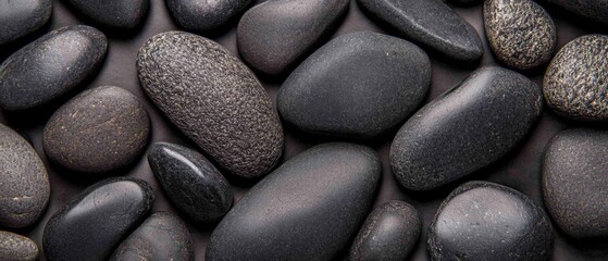 Poster - Close-up of Collection of Black Smooth Stones Arranged on Dark Surface Overhead Shot Zen Garden Spa Rocks