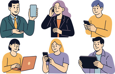 Poster - People with devices set. Female and male characters use smartphone, laptop, tablet and making phone call, surfing the internet, browsing in social media. Vector illustration