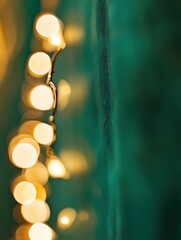 Poster - Abstract close-up of blurred fairy lights string against a textured teal green wall backdrop creating a warm and festive atmosphere