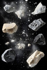 Poster - Assorted Rock Fragments Suspended in Air Against Black Backdrop Studio Shot with Dust Particles for Geology or Construction
