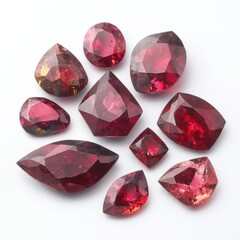 Poster - Collection of faceted garnet gemstones displayed on a white background studio shot close up gemology jewelry design