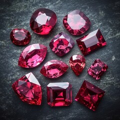 Poster - Collection of Faceted Red Gemstones Displayed on Dark Textured Surface Close-up Studio Shot