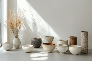 Poster - Minimalist Pottery Still Life in Studio Setting Featuring Vases Bowls and Dried Grass Under Natural Light